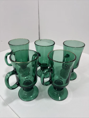 Lot Of 5 Vintage Libbey Juniper Green Coffee Pedestal Glass Mugs With Gold Rims
