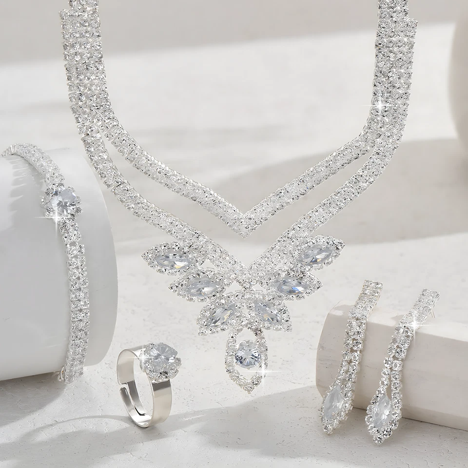 4PC Rhinestone Jewelry Set Women, Silver-Tone Leaf Claw Chain Dangle Earring 635 - Image 4 of 4