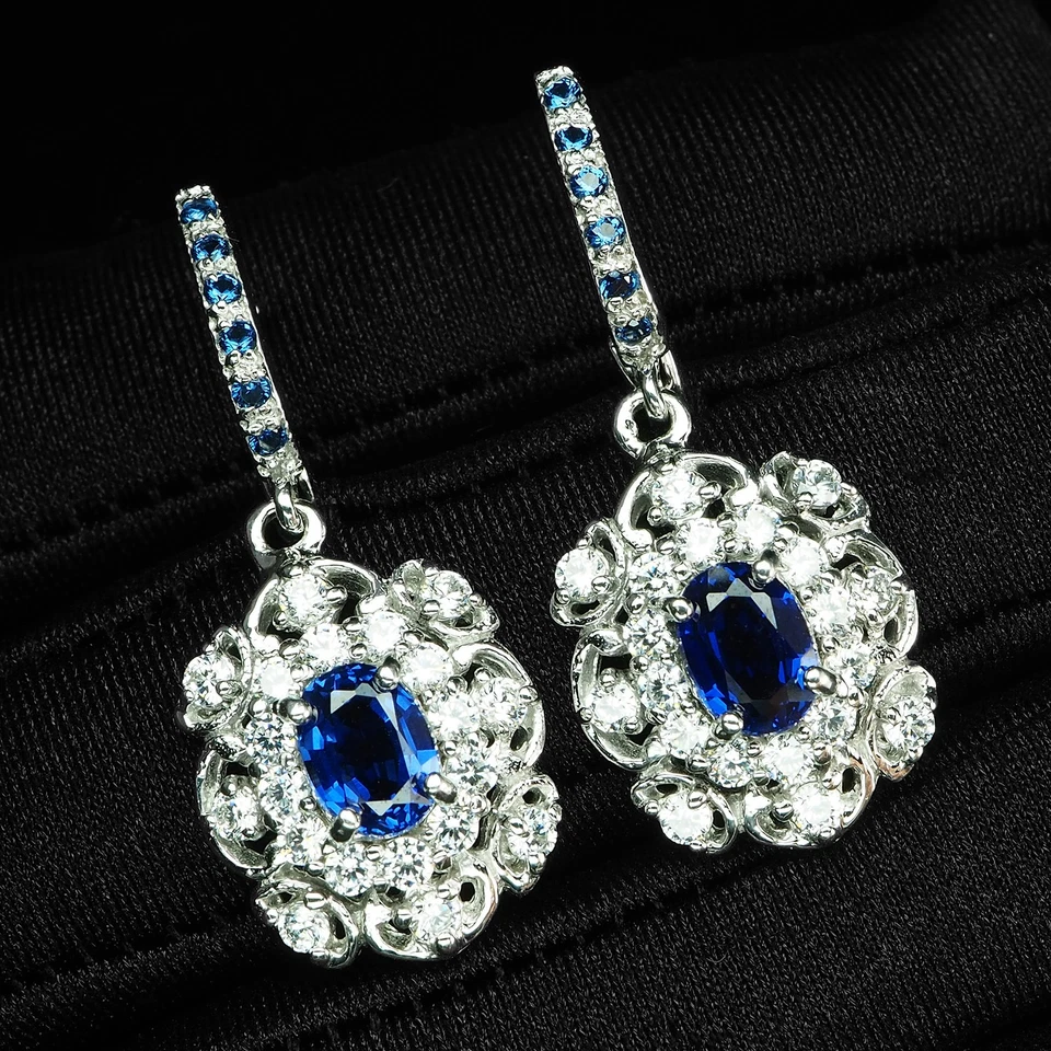 PENDIENTES EXQUISITOS DE ORO BLANCO DE PLATA DE LEY 925 DE 2,40 QUILATES ZAFIRO AZUL REAL Foto 2 de 4