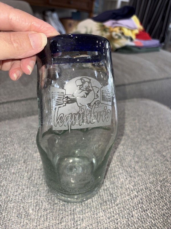 Mexican Tumbler Cobalt Blue Rim Bent Drinking Glass Tequilibrio Restaurant