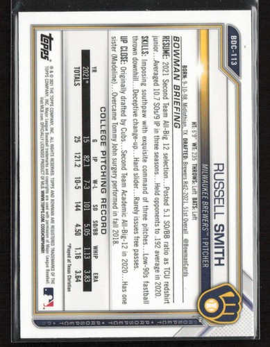 Russell Smith 2021 Bowman Draft Sapphire Edition #BDC-113 Milwaukee Brewers - Picture 2 of 2