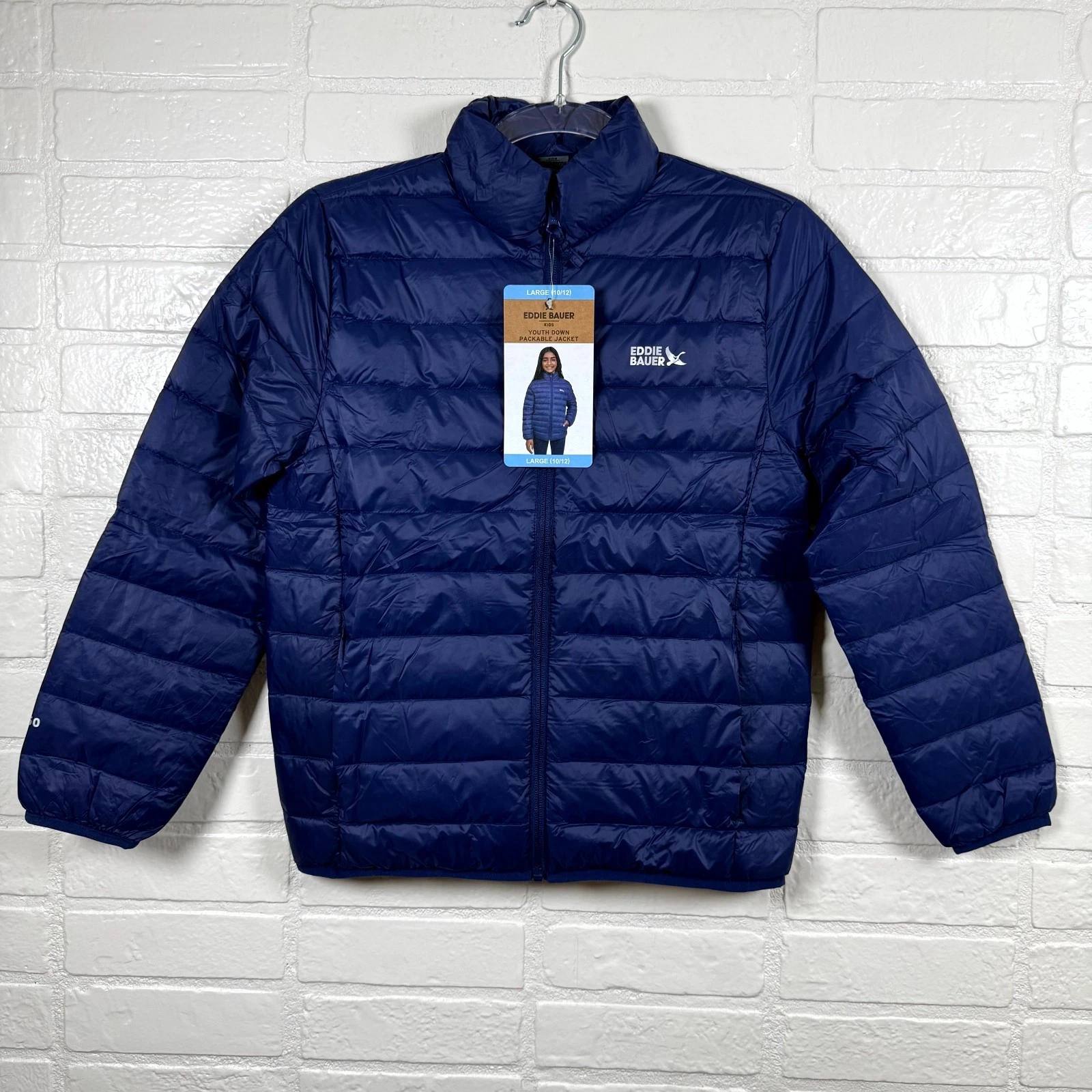 Eddie Bauer Packable Jacket Kids Large 10/12 Navy Blue Down Full Zip Outdoor NWT