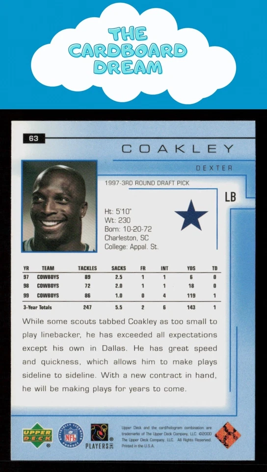 Dexter Coakley 2000 Upper Deck #63 Dallas Cowboys - Image 2 of 2