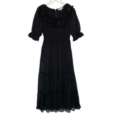 Ivy City Gracie Dress M Black Chiffon Tiered Smock Ruffle Fairy Whimsy Coquette