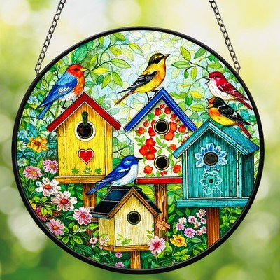 Stained Glass Window Hanging - 7.8 Inch Colorful Birdhouse Sun Catcher, Sunca...