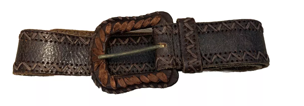 Women’s Brown Leather Belt Big Buckle Thick Woven Western Boho Sz M 44”