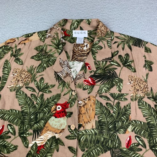 Vtg ELCC Shirt 1X Linen Silk Blend Short Sleeve Button Up Tropical Jungle - Picture 4 of 11