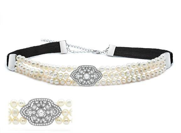 Colar Gargantilha Designer de Pérolas de Safira Branca Vintage Prata Esterlina Platina