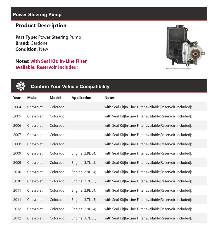 Bomba de dirección asistida Cardone para Chevrolet Colorado 2004-2012 2005 2006 2007 2008 Foto 2 de 4