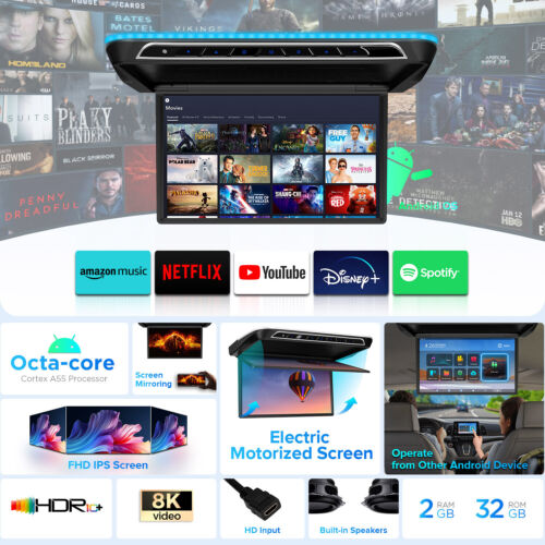 17.3" Large Screen Android Car Ceiling Roof Monitor Auto Flipping TV Player WiFi - Picture 10 of 18