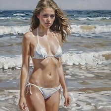 ACEO Art Print Card Brunette Emily Standing in the Surf in a white Bikini