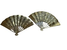 Vintage Solid Brass Oriental Style Hand Fan Phoenix Dragon Wall Decor Set of 2