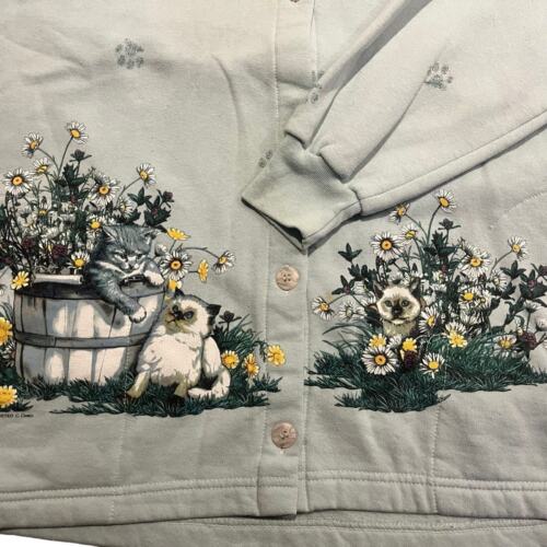 VTG Art Unlimited Light Blue Sweatshirt Cardigan Button Women XL Cats Flowers