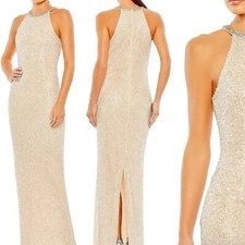 Mac Duggal Beaded Halter Neck Body Skimming Gown Silver Cream Size 6 NWT