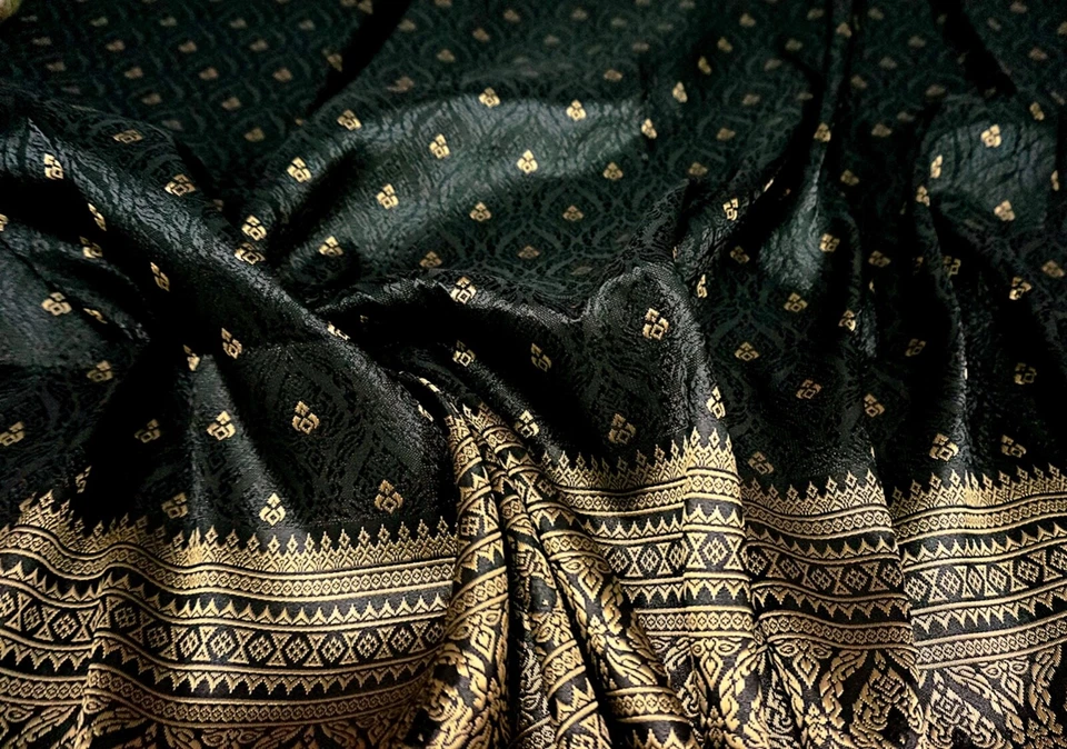 Black & Gold Thai-Laos Silk Damask Traditional Fabric 40"W By Yard - Image 3 of 3