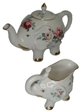 Grace's Teaware 2-PC SET ELEPHANT Floral Porcelain Tea Pot with Lid & Creamer