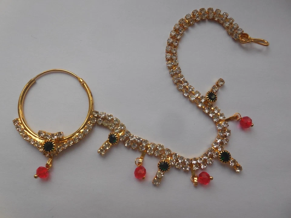 Anillo Nariz India Nath Joyería Tono Dorado Boda Aro Piercing Con Cadena Foto 4 de 4