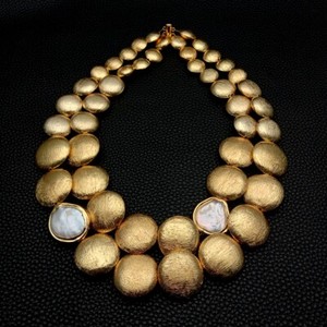 Authentic 2 Rows Gold Plated Brushed Coin Bead Cultured White Coin Pearl Necklace 18"