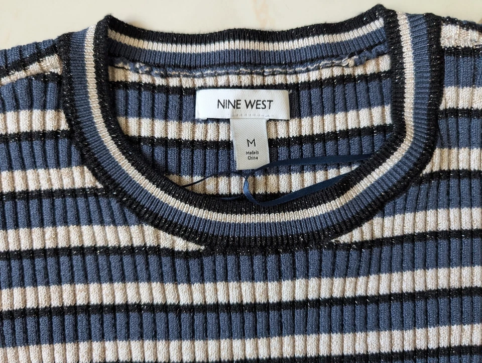 Top Nine West Acanalado Rayas Metálicas Manga Larga - Azul, Blanco y Negro - Talla M Foto 4 de 4