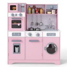 Kids Play Kitchen Toy Set w/ Water Dispenser Sink Faucet Microwave Oven Utensils