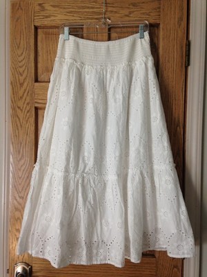 JENNIFER  &  GRACE  WOMEN'S  WHITE  EYELET  COTTON  LINED  BOHO  SKIRT - SIZE  L