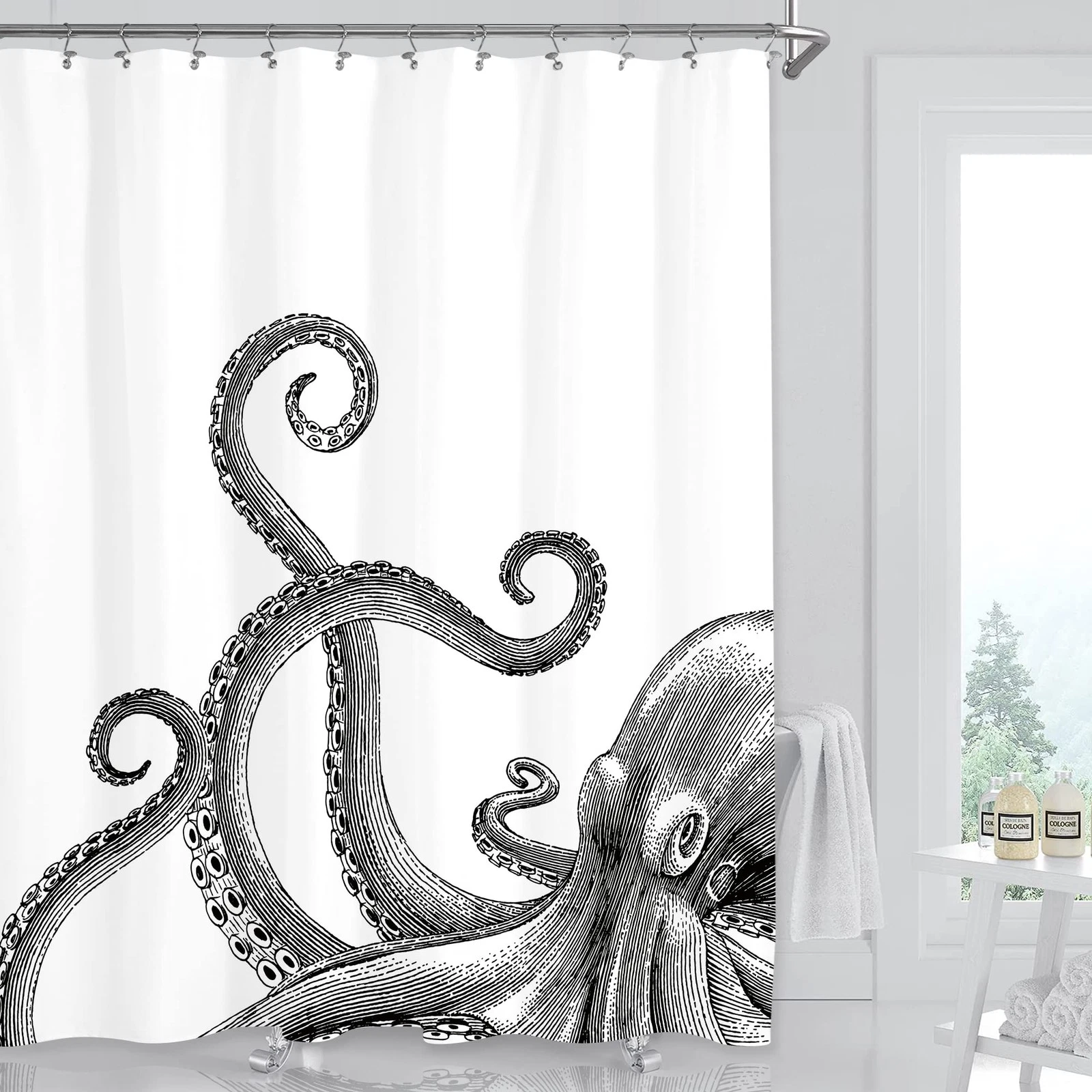 Miyotaa Octopus Kraken Shower 60"W x 71"L (Pack of 1), Black White