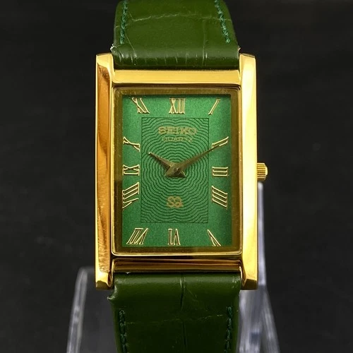 Vintage Seiko Slim Tank Quartz Men Green Dial Dress Watch-Free DDP Shipping