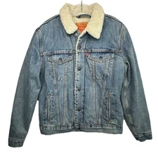 Levis Trucker Jacket Mens Medium Sherpa Lined Denim Jean Type 3 Snap Up Coat