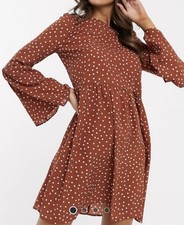 ASOS DESIGN Fluted Bell Sleeve Dress Brown Polka Dot  Size 4 Earthy Boho Hippie