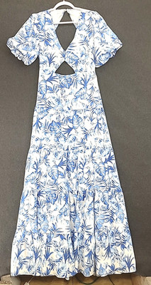 Cherley Blue Floral Tiered Dress Maxi Open Back and Front Sz Lg 