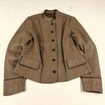 Vintage Beige Leather Jacket Cropped Tailored Button Front Boho Y2K Style Coat