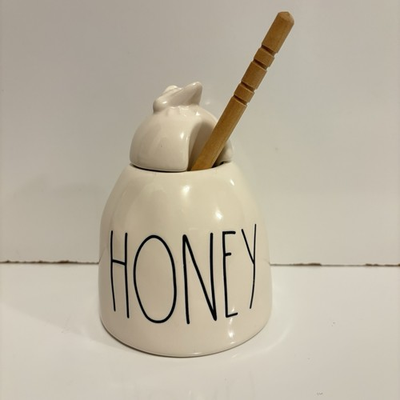 #ad Rae Dunn Ceramic Honey Pot Jar with Wooden Dipper Has A Bee On Top of Lid $12.33