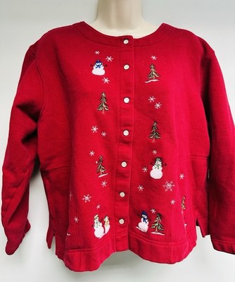 VTG Classic Elements Sz XL Christmas Snowman Pine Trees Red Cardigan Sweatshirt