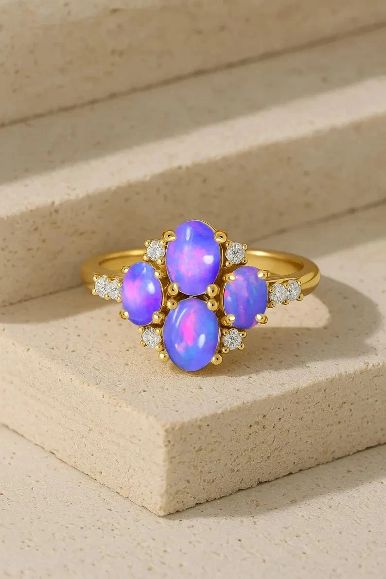 Anello A Onda In Argento 925 Con Opale Di Fuoco Blu Sintetico, Regolabile, Gioiello Vintage Per Donna