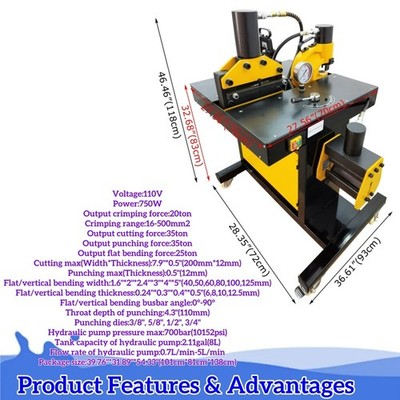 Busbar Processing Machine 4-In-1 Shearing Punching Bending Crimping Tool 110v