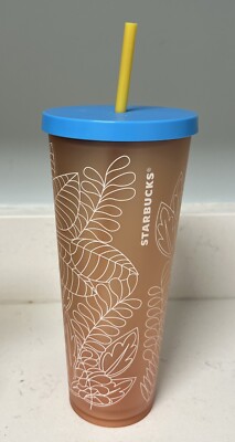 Starbucks Cold Tumbler Summer 2017 Venti Matte Coral 24 OZ Rainforest Leaves