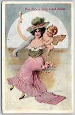 For He's A Jolly Good Fellow Cupid Woman Pink Dress Kratki ANTIQUE Postcard For He's A Jolly Good Fellow Cupid Woman Pink Dress Kratki ANTIQUE Postcard