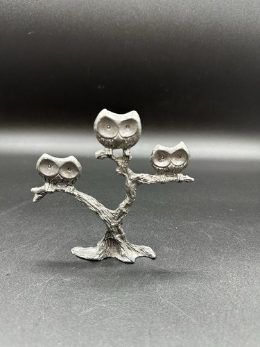Vintage Pewter Owls Hanging Out on a Tree Branch Figurine
