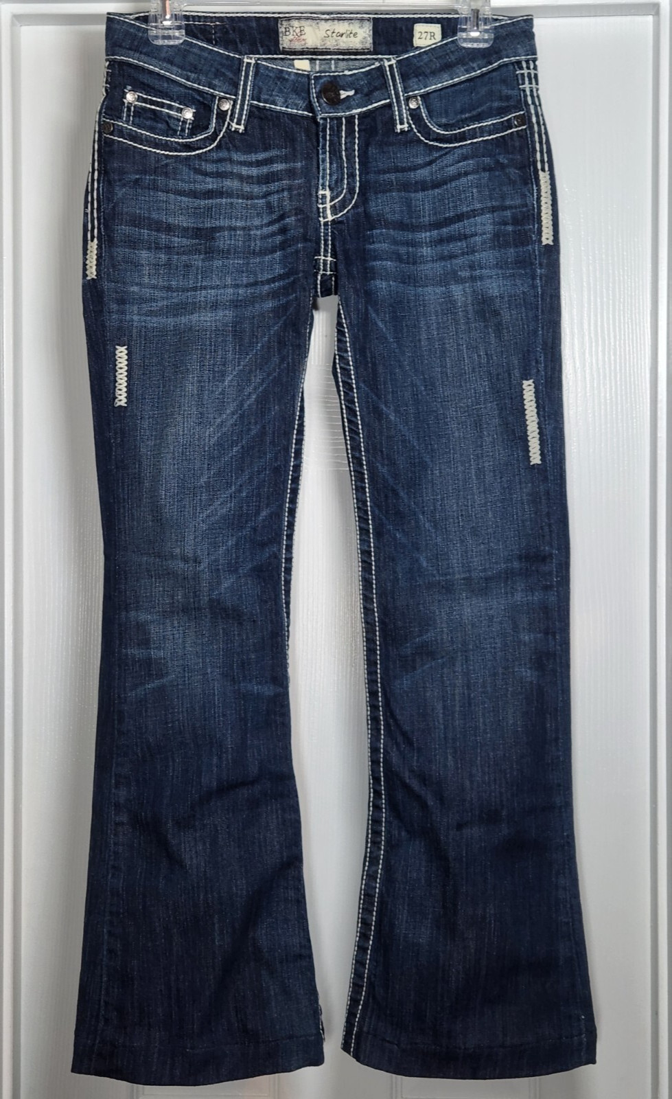 BKE Starlite Womens 27 Jeans Dark Blue Low Rise Flared Stretch (27x29)* Hemmed