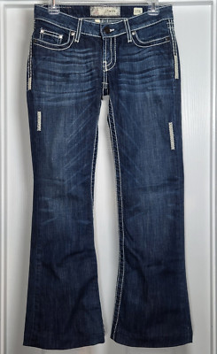 BKE Starlite Womens 27 Jeans Dark Blue Low Rise Flared Stretch (27x29)* Hemmed