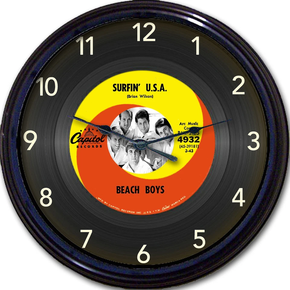FUN AROUND THE CLOCK Beach Boys Surfin' USA Retro Image of Vinyl 45 RPM Record Wall Clock New 10"