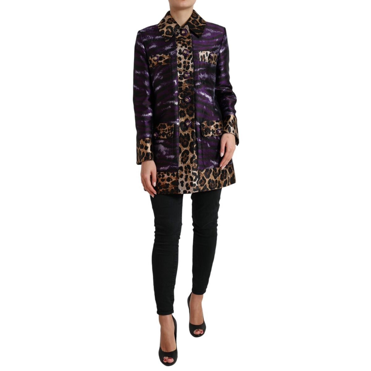DOLCE & GABBANA Jacket Purple Lamé Jacquard Tiger Print Coat DOLCE & GABBANA Jacket Purple Lamé Jacquard Tiger Print Coat