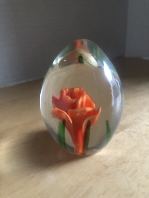 Paperweight Egg Shaped Glass Floral Paperweight, Orange Flower W/Grass Blades
