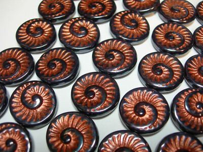 6 - 18mm Black Copper Fossil Snail Shell Spiral Czech Glass Coin Beads