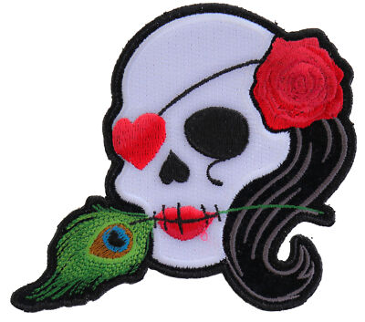 Heart Shaped Eye Patch on Skull Iron on Patch - 3.7x4.25 inch - P5145