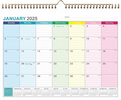 Wall Calendar 2025-2026 January 2025-June 2026 Highlight Holidays 15'' X 12''