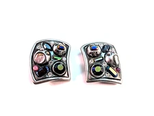 Fahrenheit Clip On Earrings Designer Multi Color Stone Pewter Tone Metal Vintage