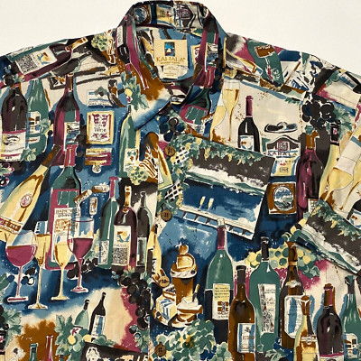 Vtg Kahala Aloha Lounge Wine Theme Cotton Lawn Hawaiian Button Up Shirt Mens L