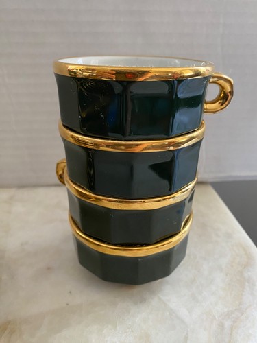 Vintage Pillivuyt France MCM Demitasse Espresso Cups Saucers Green Gold Set of 8 - Picture 5 of 14