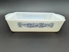 Glasbake Currier And Ives Baking Dish J-522 Loaf Pan Blue Farm White Vintage